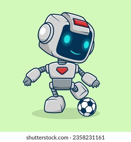 Robot lindo jugando fútbol, ilustración de caricatura vectorial