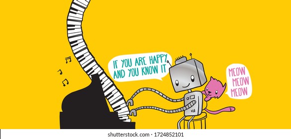 Cute robot playing If you are happy and you know it on piano with a pink cat