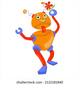 A cute robot plucked a flower. Children's illustration for printing on t-shirts and sweatshirts.