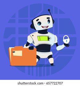 Cute Robot Protect Data Modern Artificial Intelligence Technology Concept Flat Vector Illustration