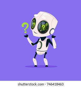 Cute Robot With Question Mark Isolated Icon On Blue Background Modern Technology Artificial Intelligence Concept Flat Vector Illustration