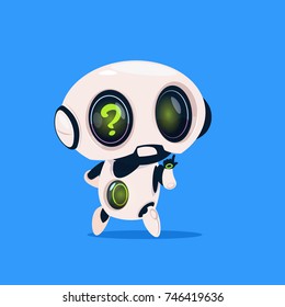 Cute Robot With Question Mark Isolated Icon On Blue Background Modern Technology Artificial Intelligence Concept Flat Vector Illustration