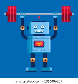 cute robot raises the barbell in full growth. cute character vector illustration
