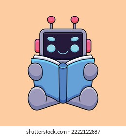cute robot reading book cartoon mascot doodle art hand drawn concept vector kawaii icon illustration