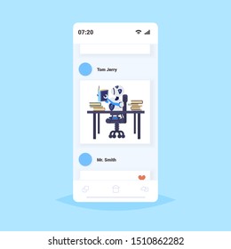 cute robot reading book robotic character sitting at workplace desk studying artificial intelligence technology education concept smartphone screen mobile application flat