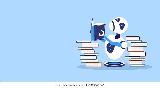 cute robot reading book robotic character studying artificial intelligence technology education concept flat horizontal