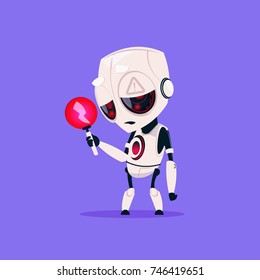 Cute Robot With Red Lightning Low Charge Isolated Icon On Blue Background Modern Technology Artificial Intelligence Concept Flat Vector Illustration