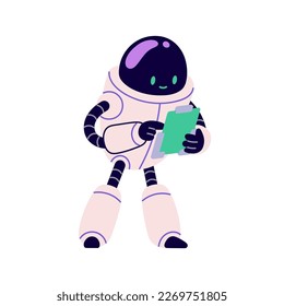 Cute robot in retro futuristic style. Android bot character, smart machine holding document. Smart assistant with clipboard, studying information. Flat vector illustration isolated on white background