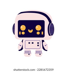 Cute robot in retro futuristic style. Android bot character, smart machine . Smart assistant with clipboard, studying information. Flat vector illustration isolated on white background