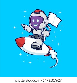 Cute Robot Riding Rocket Cartoon Vector Icon Illustration. Science Technology Icon Concept Isolated Premium Vector. Flat Cartoon Style