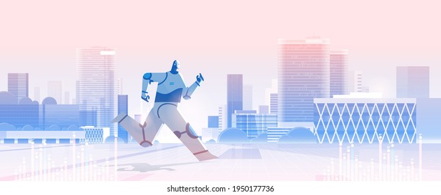 cute robot running artificial intelligence technology concept cityscape background