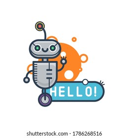 Cute robot say Hello. Vector flat modern cartoon character. Isolated illustration virtual online help customer support on white background. Voice support service chat bot with speak bubble