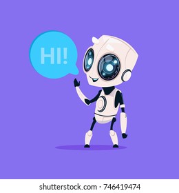 Cute Robot Say Hi Isolated Icon On Blue Background Modern Technology Artificial Intelligence Concept Flat Vector Illustration