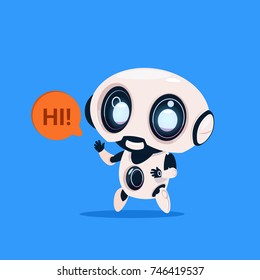 Cute Robot Say Hi Isolated Icon On Blue Background Modern Technology Artificial Intelligence Concept Flat Vector Illustration