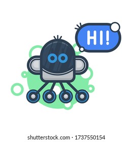 Cute robot say Hi. Vector flat modern cartoon character. Isolated illustration virtual online help customer support on white background. Voice support service chat bot with speak bubble