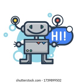 Cute robot say Hi. Vector flat modern cartoon character. Isolated illustration virtual online help customer support on white background. Voice support service chat bot with speak bubble