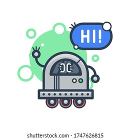 Robot lindo dice Hola. Caricatura moderna vectorial. Ilustración aislada virtual en línea ayuda a la atención al cliente sobre fondo blanco. Bote de chat del servicio de soporte de voz con burbuja de voz