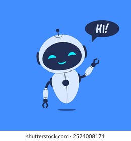 Lindo robot diciendo hola. Ilustración vectorial sobre fondo azul para diseños de IA amigables y conceptos de chatbot