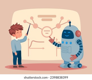 Cute robot and school boy presenting maths project. Kid and robot standing near projector screen and giving presentation in classroom. Vector illustration. AI, modern technology in education concept
