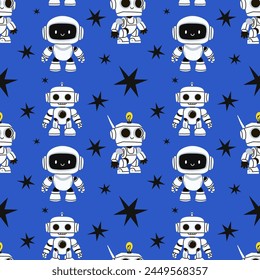 Cute robot seamless pattern. Chat bot mascot, AI symbol, artificial intelligence. Decor textile, wrapping paper, wallpaper design. Kids print for fabric, vector cartoon flat isolated illustration