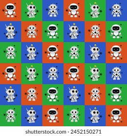 Cute robot seamless pattern. Chat bot mascot, AI symbol, artificial intelligence. Decor textile, wrapping paper, wallpaper design. Kids print for fabric, vector cartoon flat isolated illustration