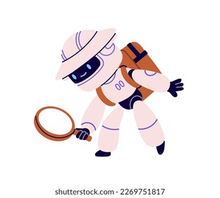 Cute robot searching with magnifying glass. Curious android character finding, researching with magnifier, lens. Discovery, curiosity concept. Flat vector illustration isolated on white background