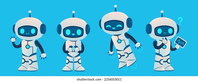 Cute Robot set. Cartoon Science Technology Concept Isolated Vector. Flat Cartoon Style