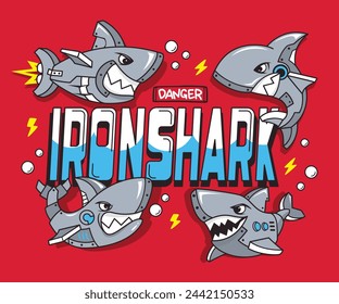 Cute robot sharks cartoon in the deep sea and text "iron shark" slogan on red background illustration vector t shirt graphic.