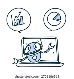 cute robot showing pie chart and graph on laptop in doodle hand drawn cartoon