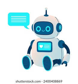 Cute Robot Sitting with Text. Cartoon Science Technology Concept Isolated Vector. Flat Cartoon Style