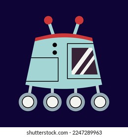 Cute robot sputnik in outer space. Fantastic galaxy, cosmic rocketship, spacecraft in cosmos. Childish universe, space exploration. Cartoon vector.