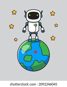Cute robot standing on planet earth