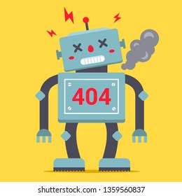 A cute robot is standing tall. It is broken and smoking. Error 404 for internet site. Vector illustration of a character.