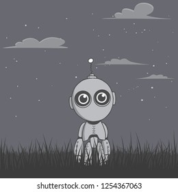 Cute robot stands in the night field in the grass at night. Character design. Vector illustration