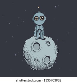 Cute robot stands on the moon. Handcrafted style.Vector image