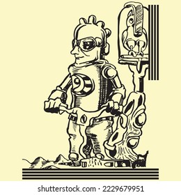 cute robot in steampunk style hand draw vector illustration