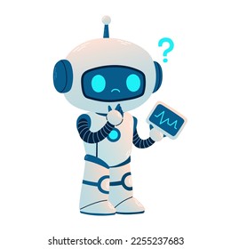 Cute Robot with tablet and question. Cartoon Science Technology Concept Isolated Vector. Flat Cartoon Style