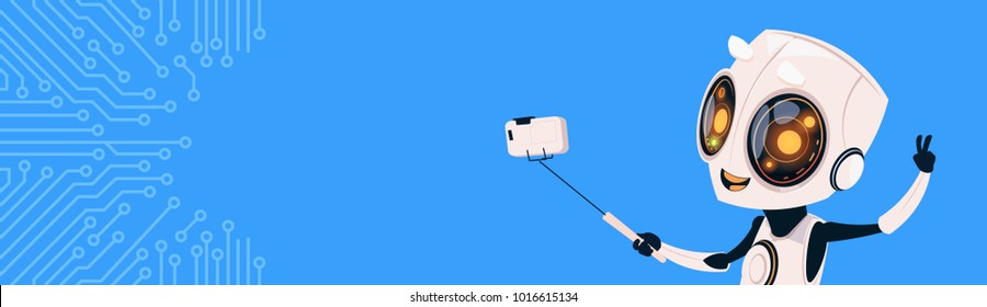 Cute Robot Take Selfie Photo On Smart Phone Over Circuit Background Horizontal Bannner With Copy Space Flat Vector Illustration