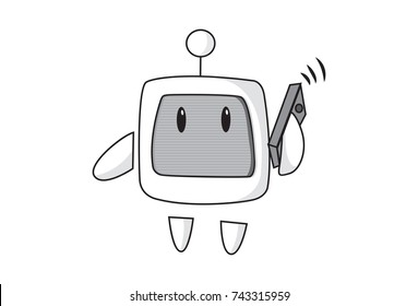 Cute Robot talking on the phone. Vector Illustration. Isolated on white background.