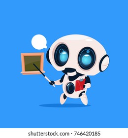 Cute Robot Teacher Hold Pointer Near School Board Isolated Icon On Blue Background Modern Technology Artificial Intelligence Concept Flat Vector Illustration