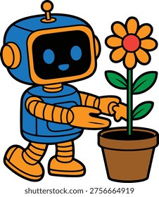 Cute robot tending to a potted flower with green leaves and orange petals and red center