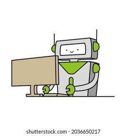 Un lindo robot que trabaja frente a una computadora