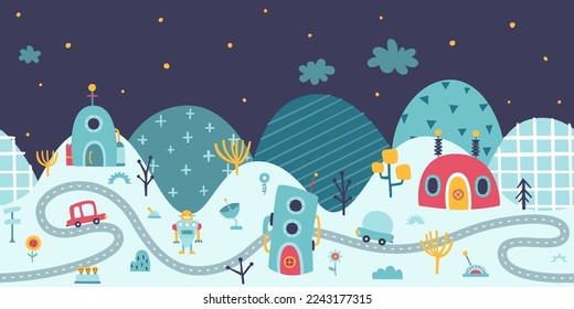 Cute robot town for kids wallpaper. Seamless bottom border with  robot city and hills. Futuristic village with road.