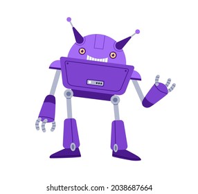 Cute robot toy. Funny childish bot with smiling face, saying and gesturing hi. Portrait of friendly humanoid machine for kids. Flat cartoon vector illustration isolated on white background