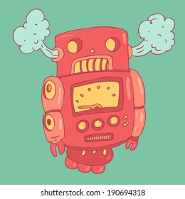 cute robot toy with steam from the ears, vector illustration, hand drawn