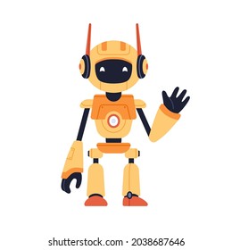 Cute robot toy waving with hand, gesturing hi. Funny childish futuristic bot. Portrait of modern humanoid machine for kids. Colored flat cartoon vector illustration isolated on white background
