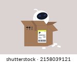 A cute robot unpacking, a cardboard box with a delivery label