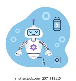 Cute Robot is unplugged and sleeping with his eyes closed. Artificial Intelligence Virtual Assistant. Isolated vector illustration.