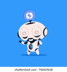 Cute Robot Updating Software Isolated Icon On Blue Background Modern Technology Artificial Intelligence Concept Flat Vector Illustration