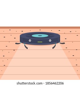 Cute robot vacuum cleaner character design. Modern wireless equipment for cleaning the apartment. Vector flat illustration